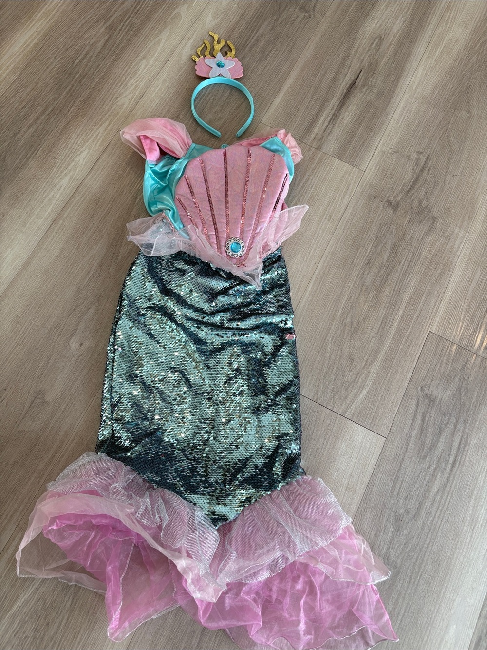 Pink & Teal Mermaid Costume Dress with Shell Top and Headband